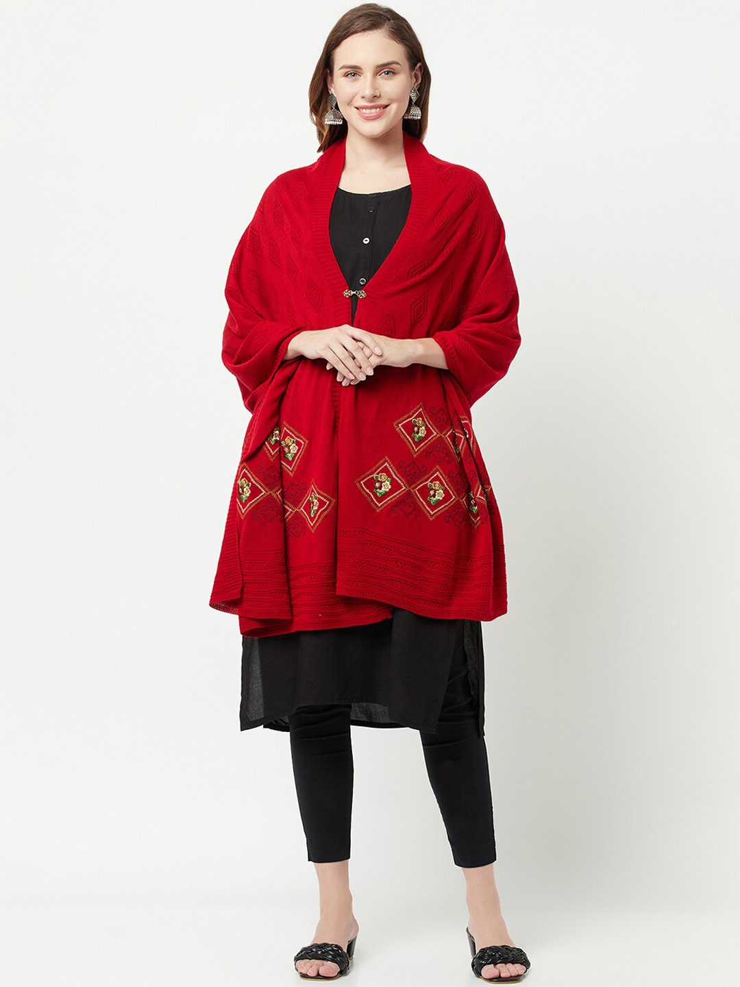 

Knitstudio Women Red Embroidered Ethnic Printed Knitted Shawl