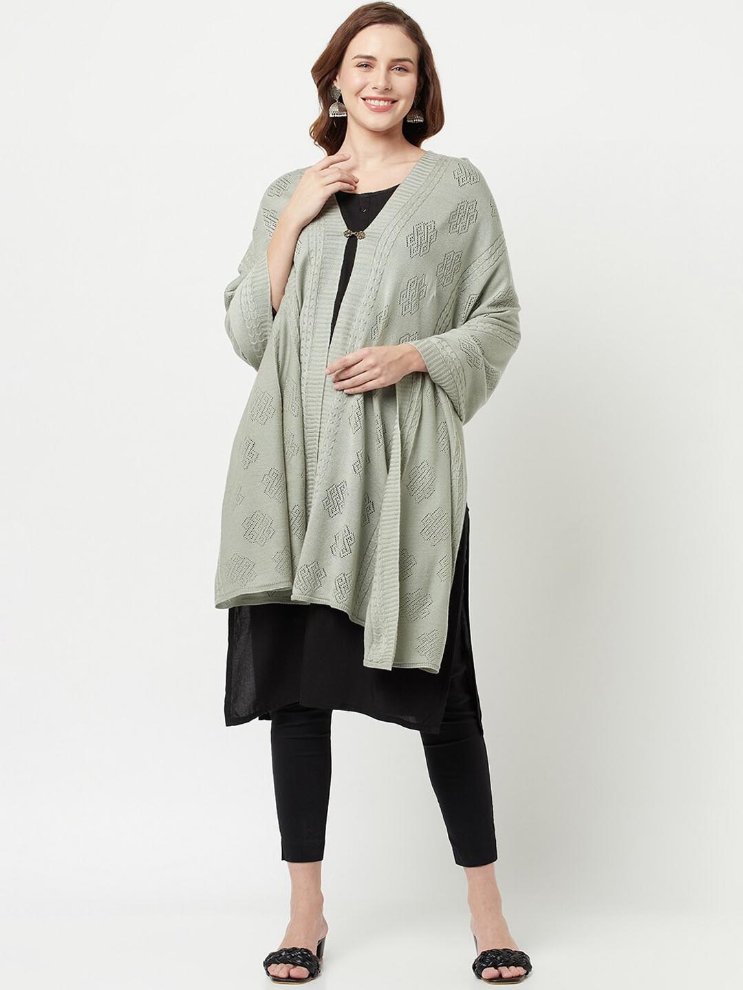 

Knitstudio Women Green Woven Design Knitted Shawl