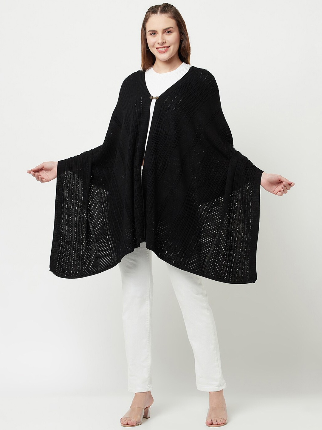 

Knitstudio Women Black Self design Knitted Shawl