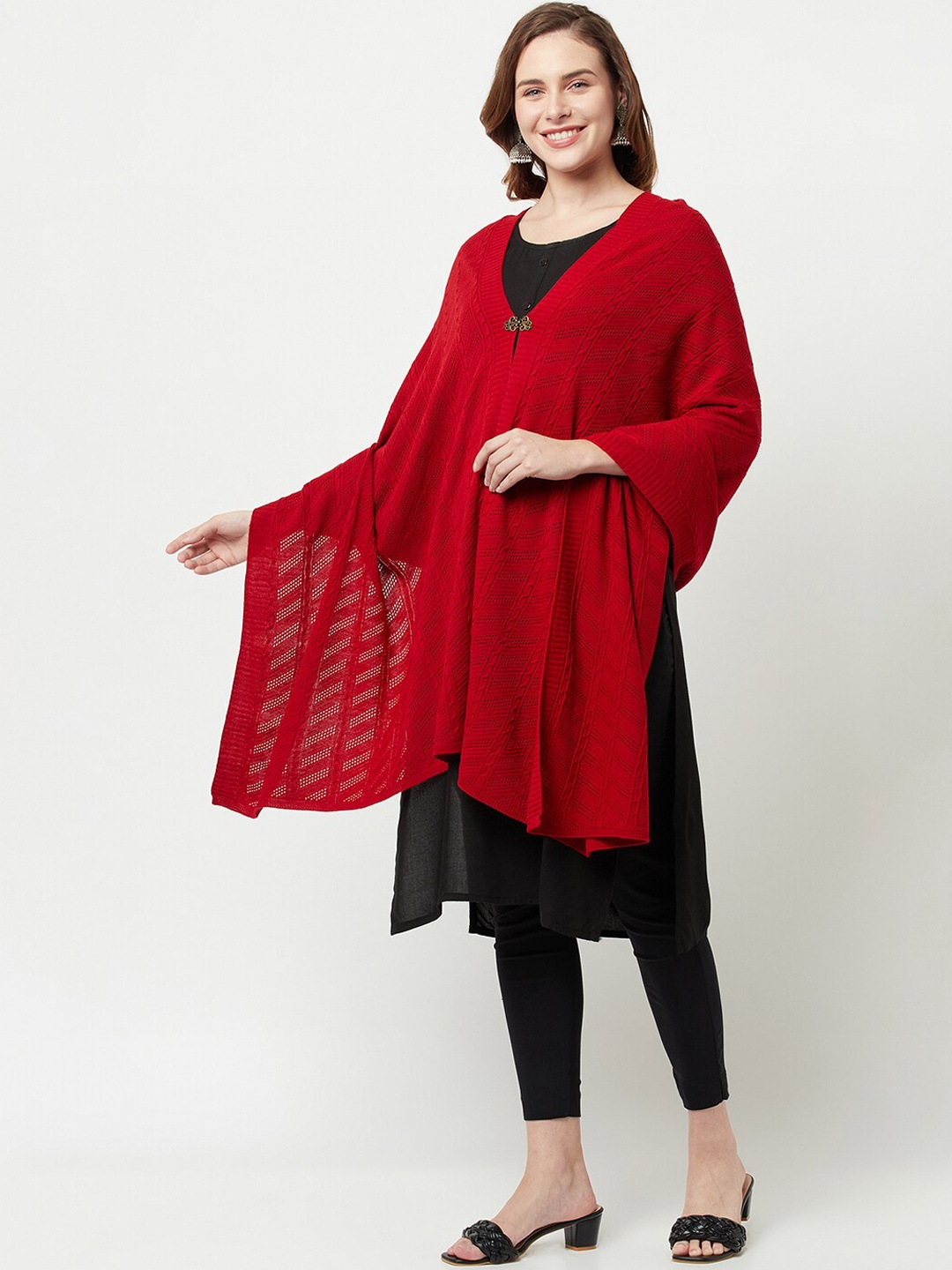 

Knitstudio Women Red-Colored Self design Knitted Shawl