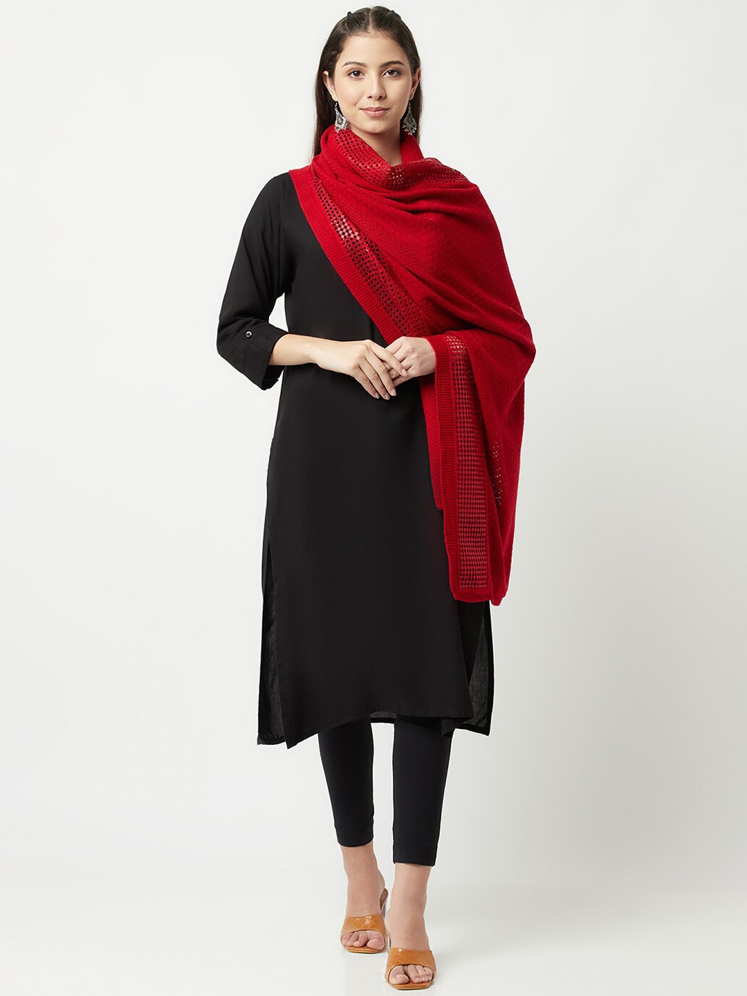 

Knitstudio Women Red Sequined Knitted Shawl
