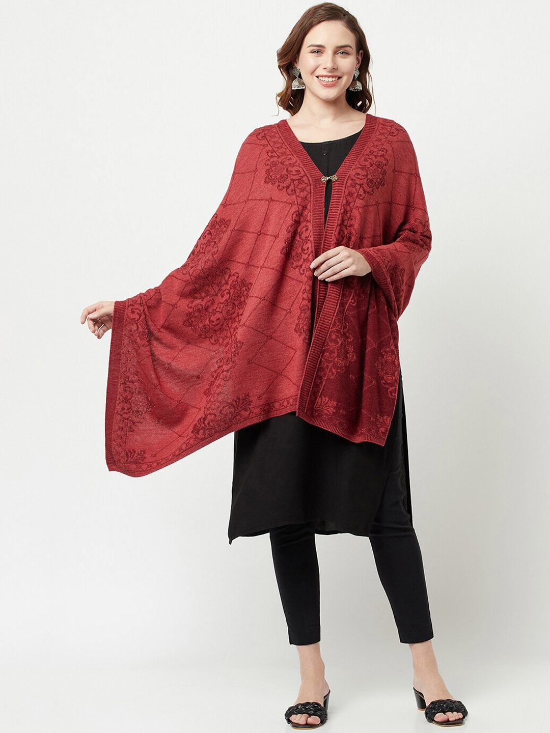 

Knitstudio Women Red Embroidered Ethnic printed Knitted Shawl