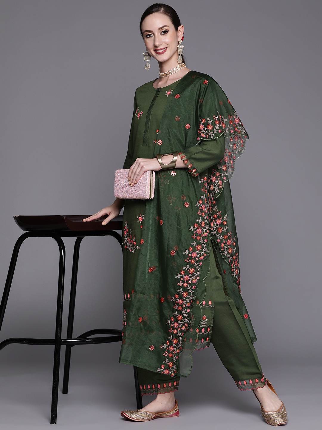 

Indo Era Women Green Floral Embroidered Thread Work Kurta with Trousers & With Dupatta