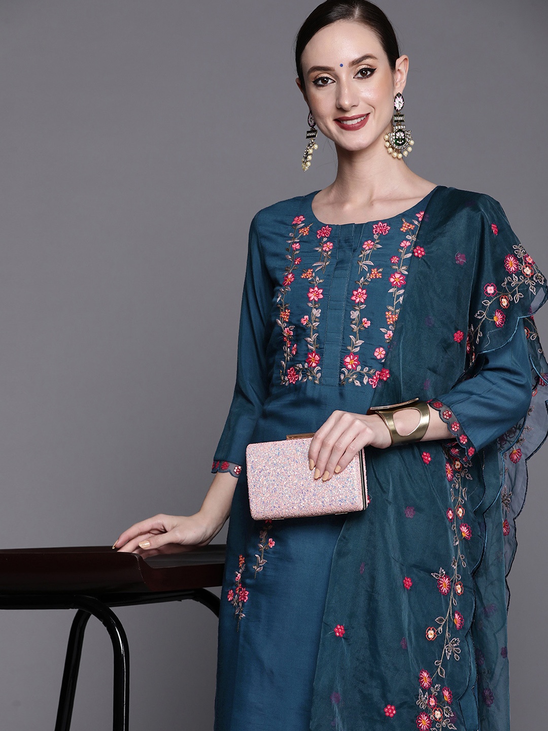 

Indo Era Women Blue Floral Embroidered Thread Work Kurta with Trousers & With Dupatta