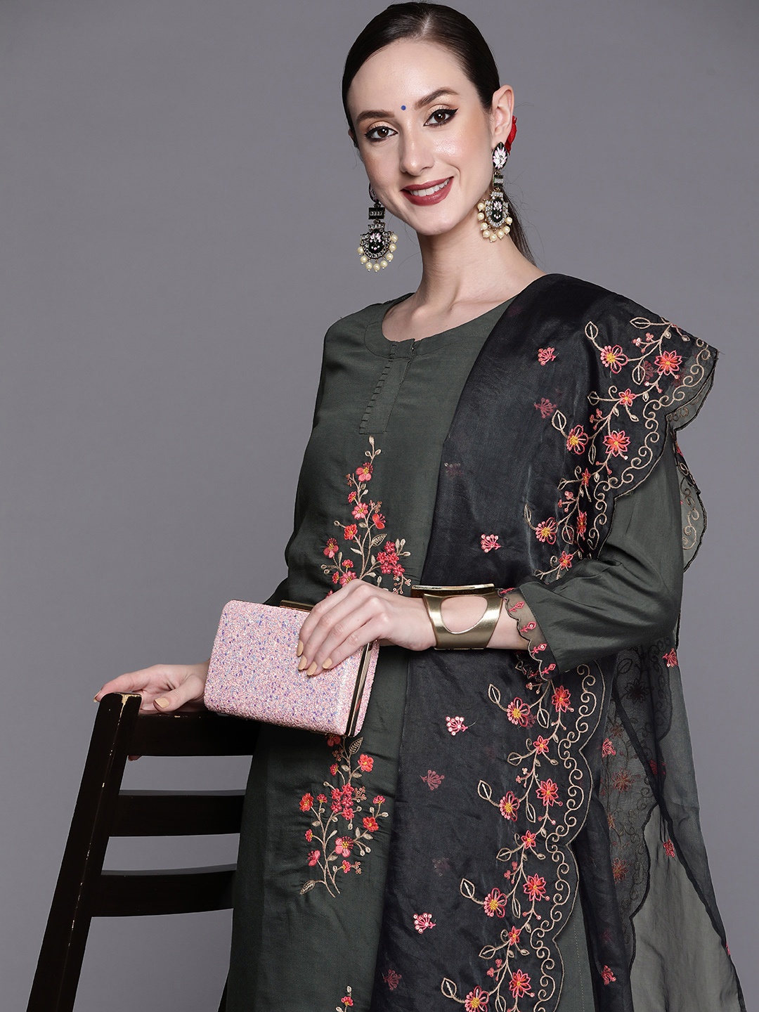 

Indo Era Women Grey Floral Embroidered Thread Work Kurta with Trousers & With Dupatta