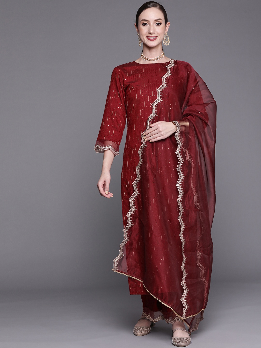 

Indo Era Women Red Embroidered Liva Kurta with Palazzos & With Dupatta