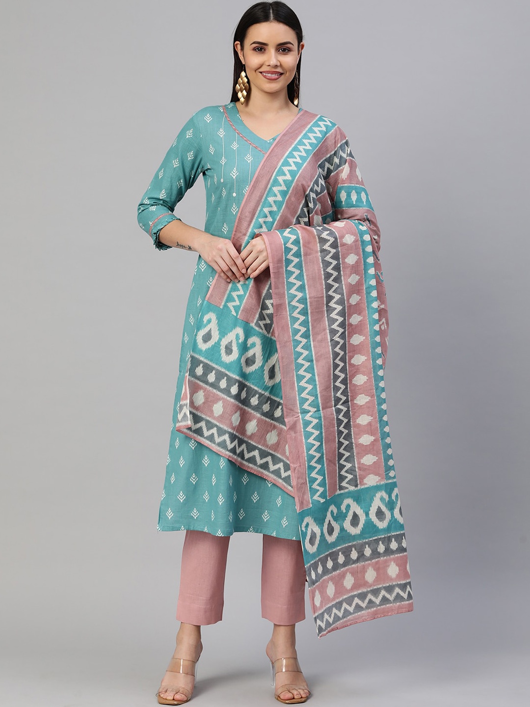 

KAMI KUBI Women Blue Ethnic Motifs Printed Pure Cotton Kurta with Trousers & With Dupatta