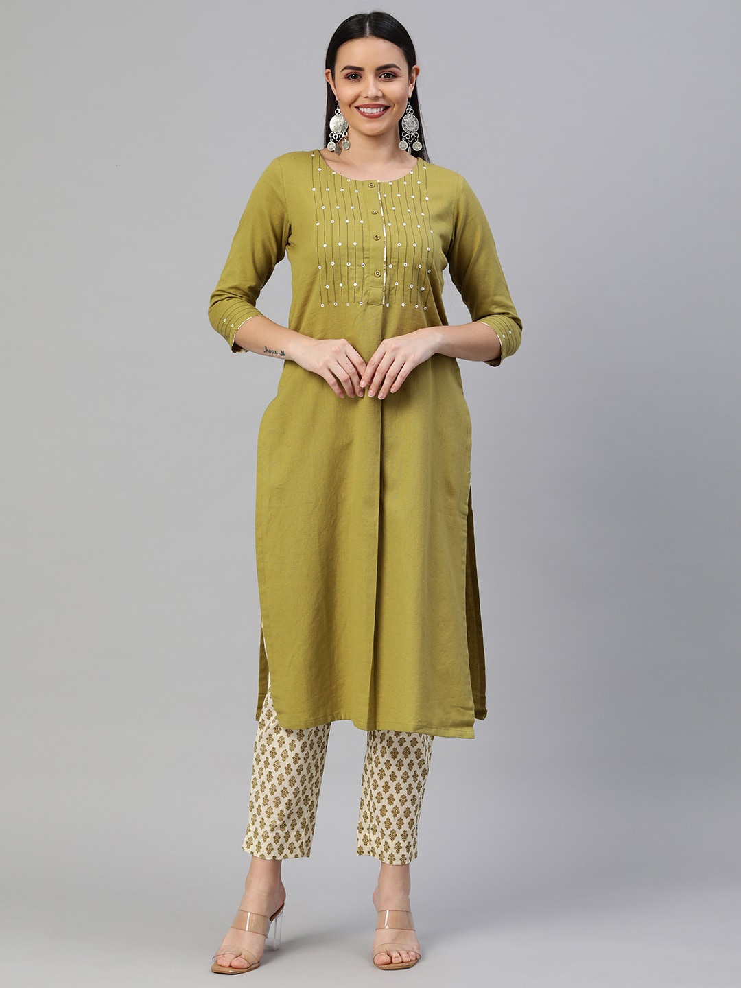 

KAMI KUBI Women Olive Green Ethnic Motifs Yoke Design Pure Cotton Kurta with Trousers