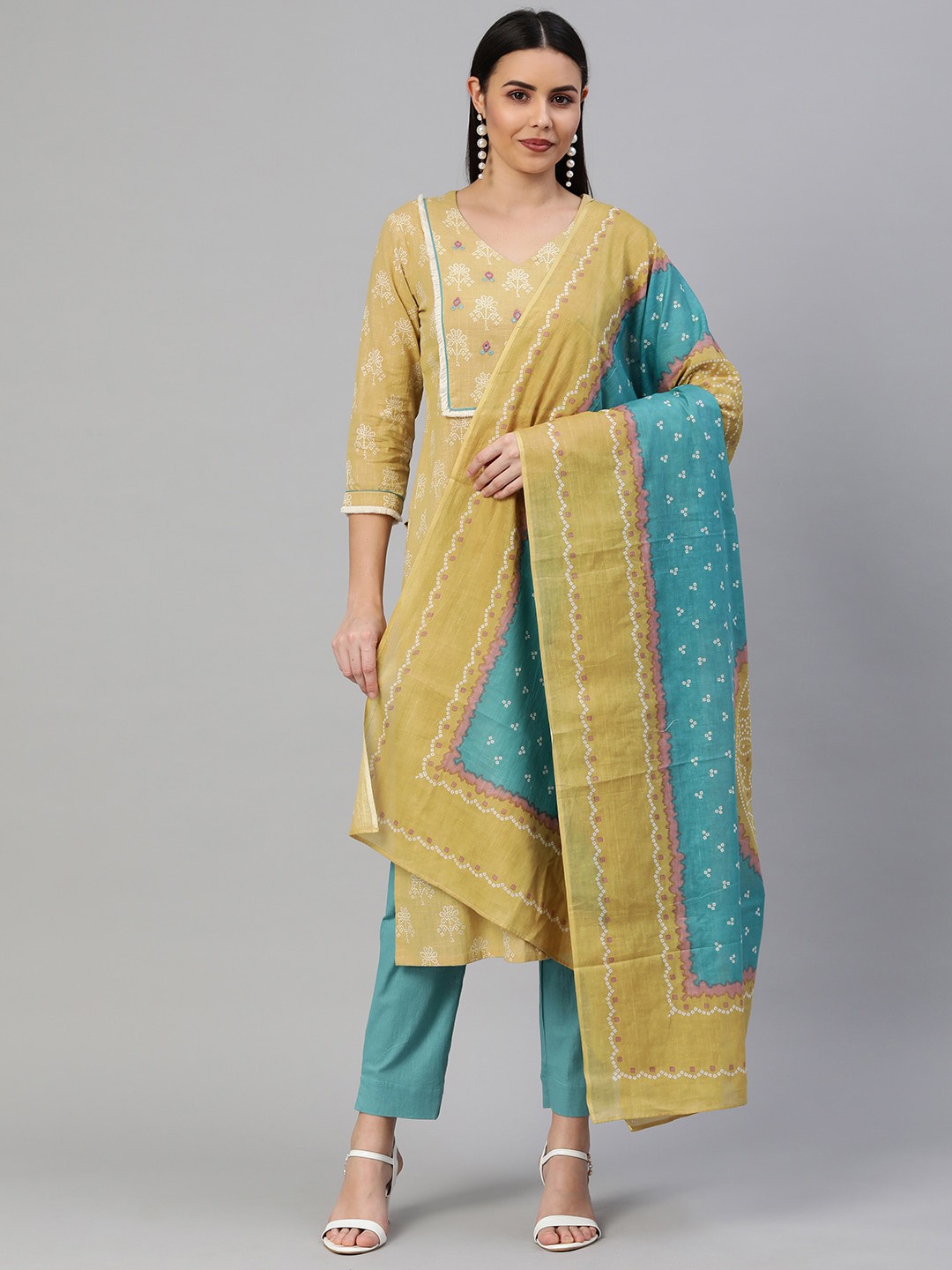 

KAMI KUBI Women Yellow Ethnic Motifs Printed Pure Cotton Kurta with Trousers & With Dupatta