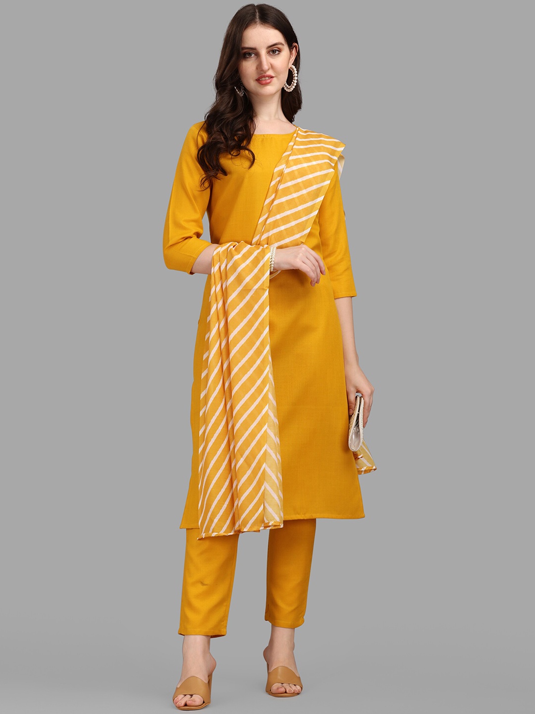 

Anaita Women Mustard Yellow Striped Layered Kurti with Trousers