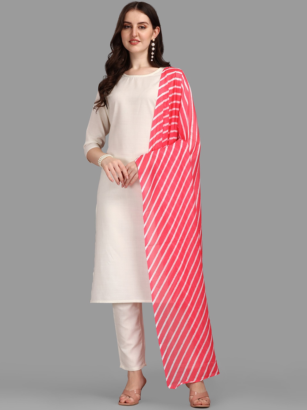 

Anaita Women White Striped Panelled Kurti with Trousers & With Dupatta