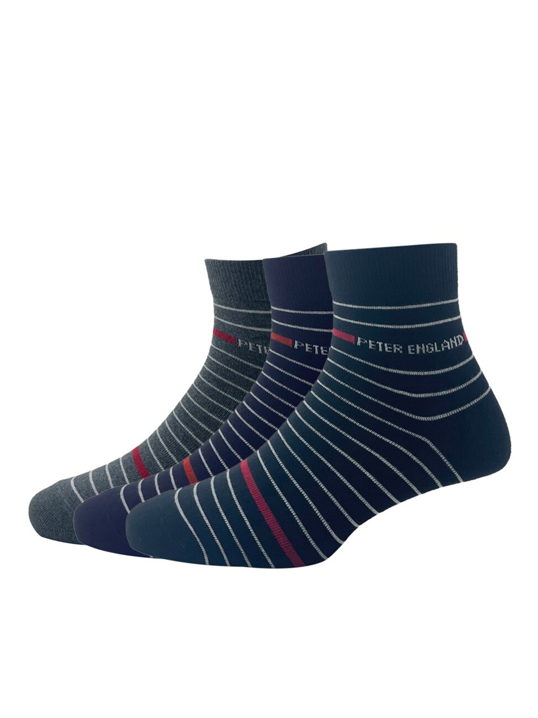 

Peter England Men Pack Of 3 Striped Patterned Cotton Above-Ankle Length Socks, Black