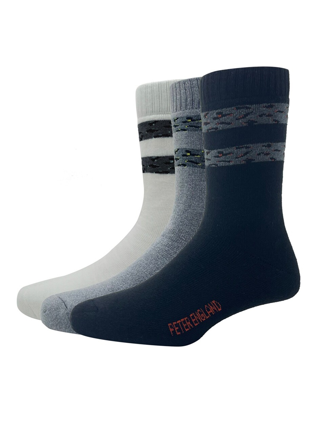

Peter England Men Pack Of 3 White & Grey Melange Patterned Calf-Length Socks
