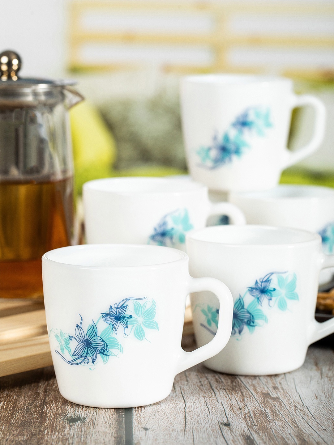 

Cello White And Blue Set Of 6 Dishwasher And Microwave Safe Opalware Mugs 180ml Each