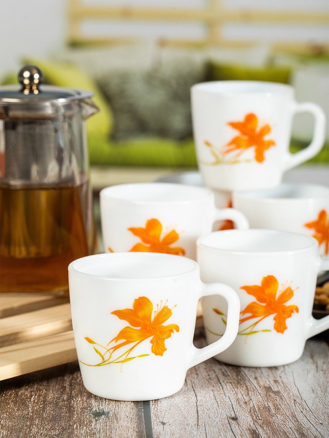

Cello Vogue Set of 6 Orange Lily Opalware Mug Set- 180ml, White