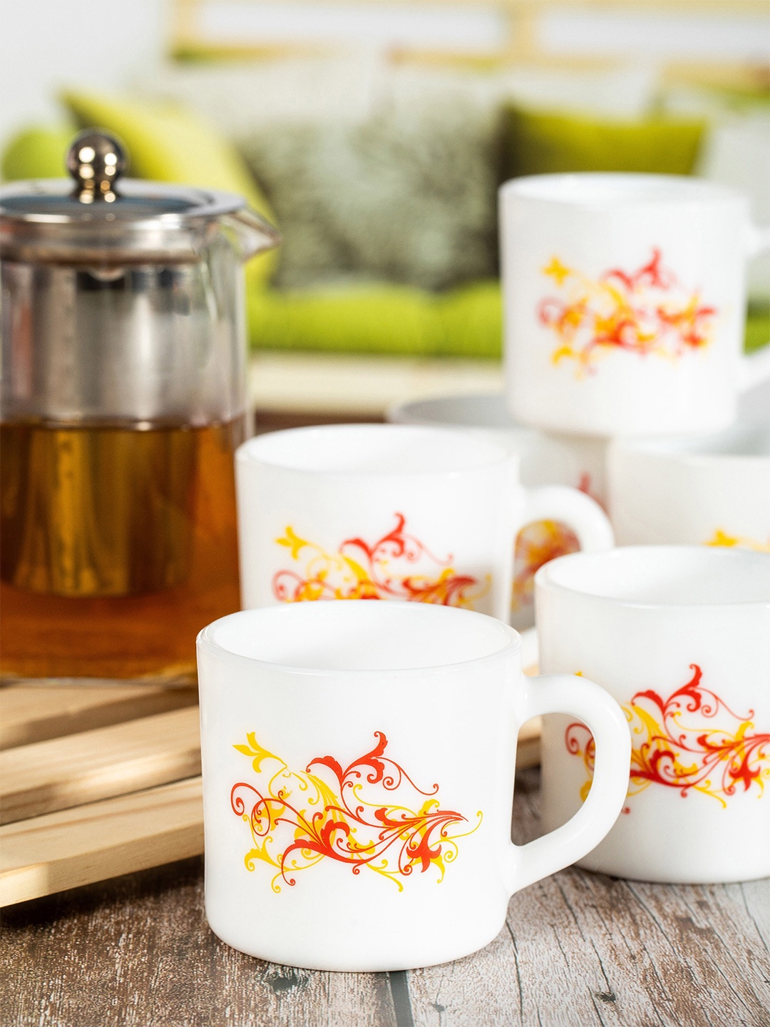 

Cello White And Red Set Of 6 Dishwasher And Microwave Safe Opalware Mugs 180ml Each