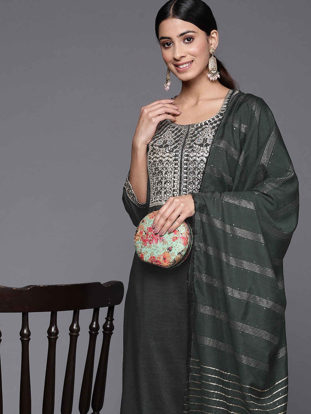 

Indo Era Women Green Yoke Design Sequinned Kurta with Trousers & With Dupatta