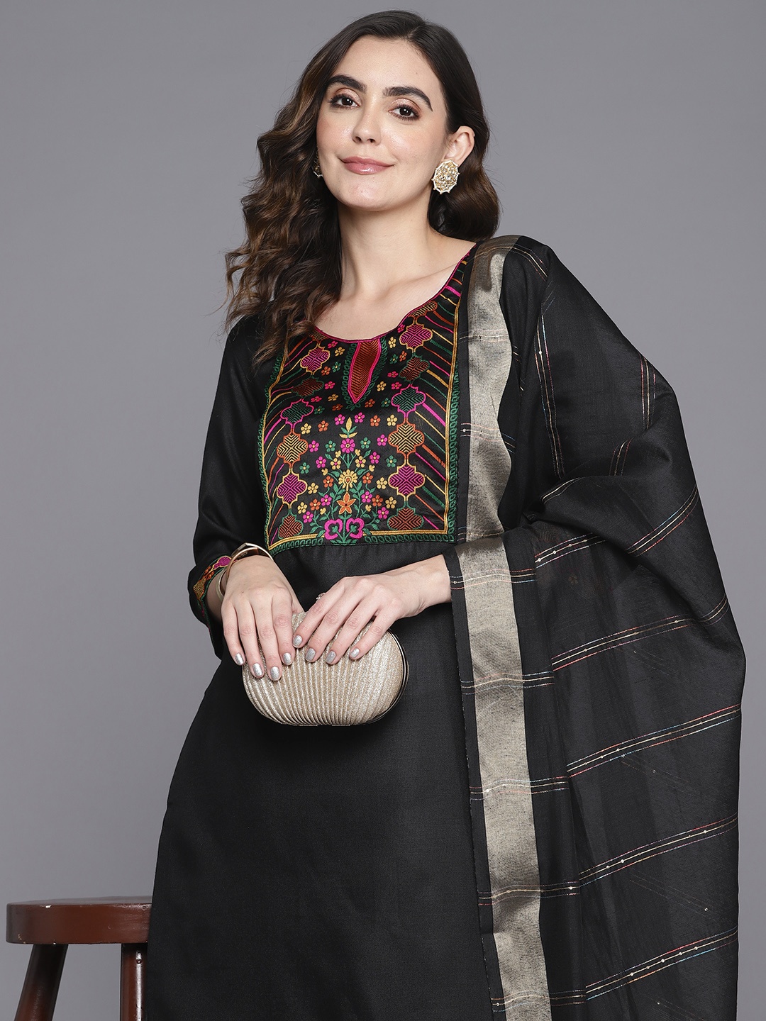 

Indo Era Yoke Design Regular Thread Work Kurta with Palazzos & Dupatta, Black
