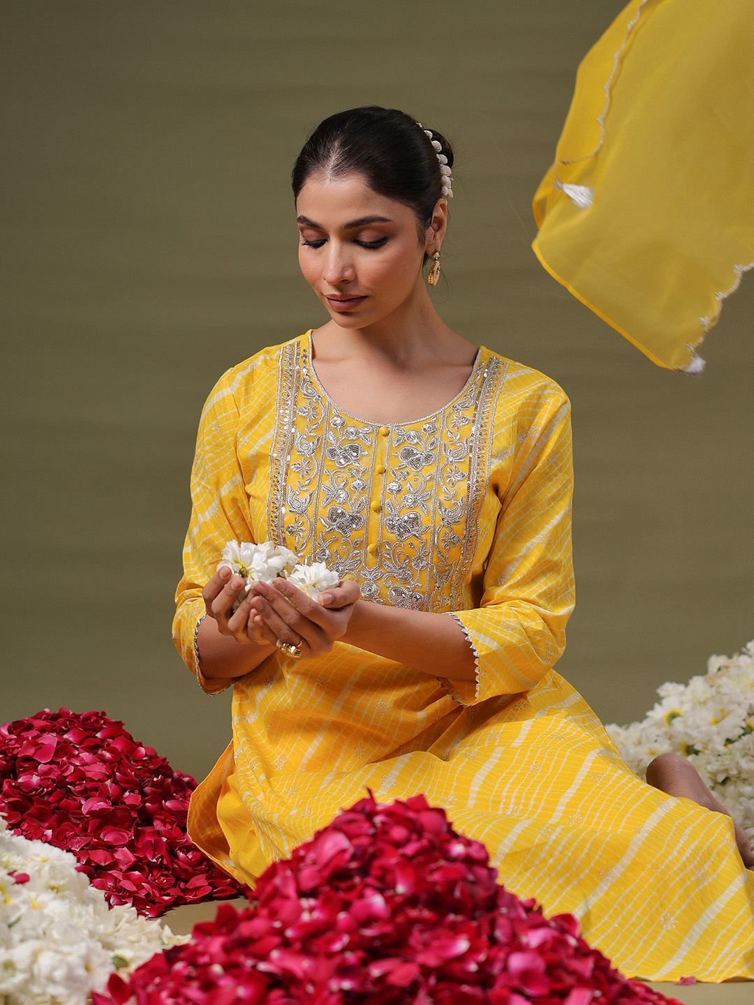 

Indo Era Women Floral Embroidered Regular Sequinned Kurta with Trousers & Dupatta, Yellow