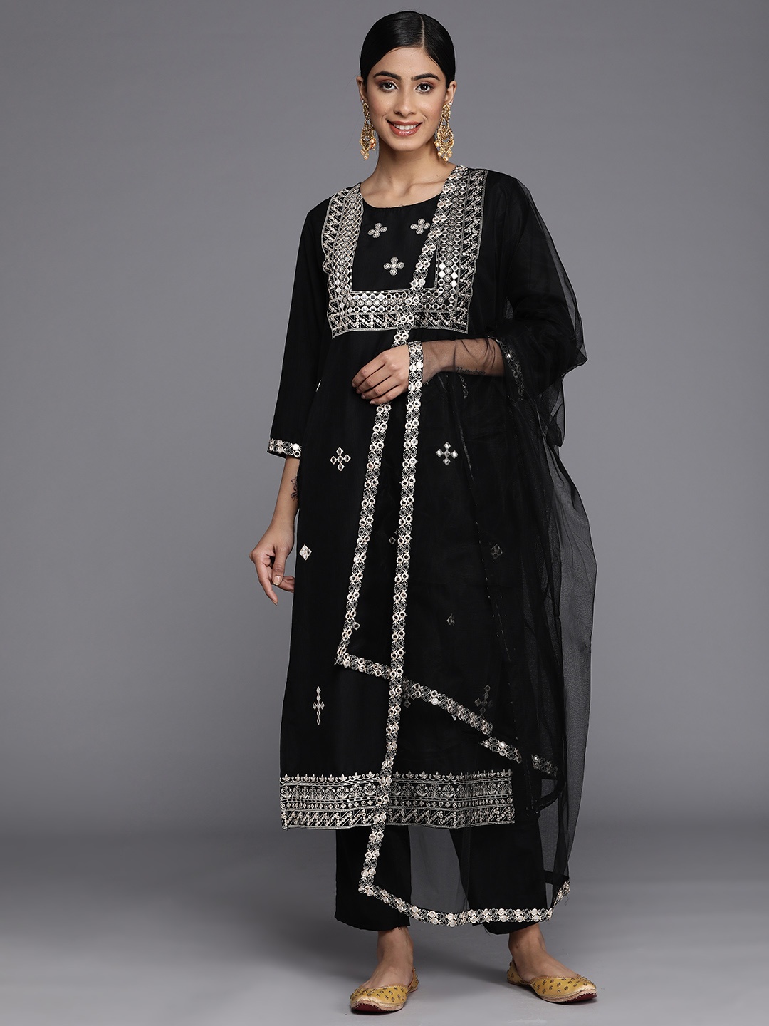 

Indo Era Embroidered Mirror Work Kurta with Trousers & With Dupatta, Black