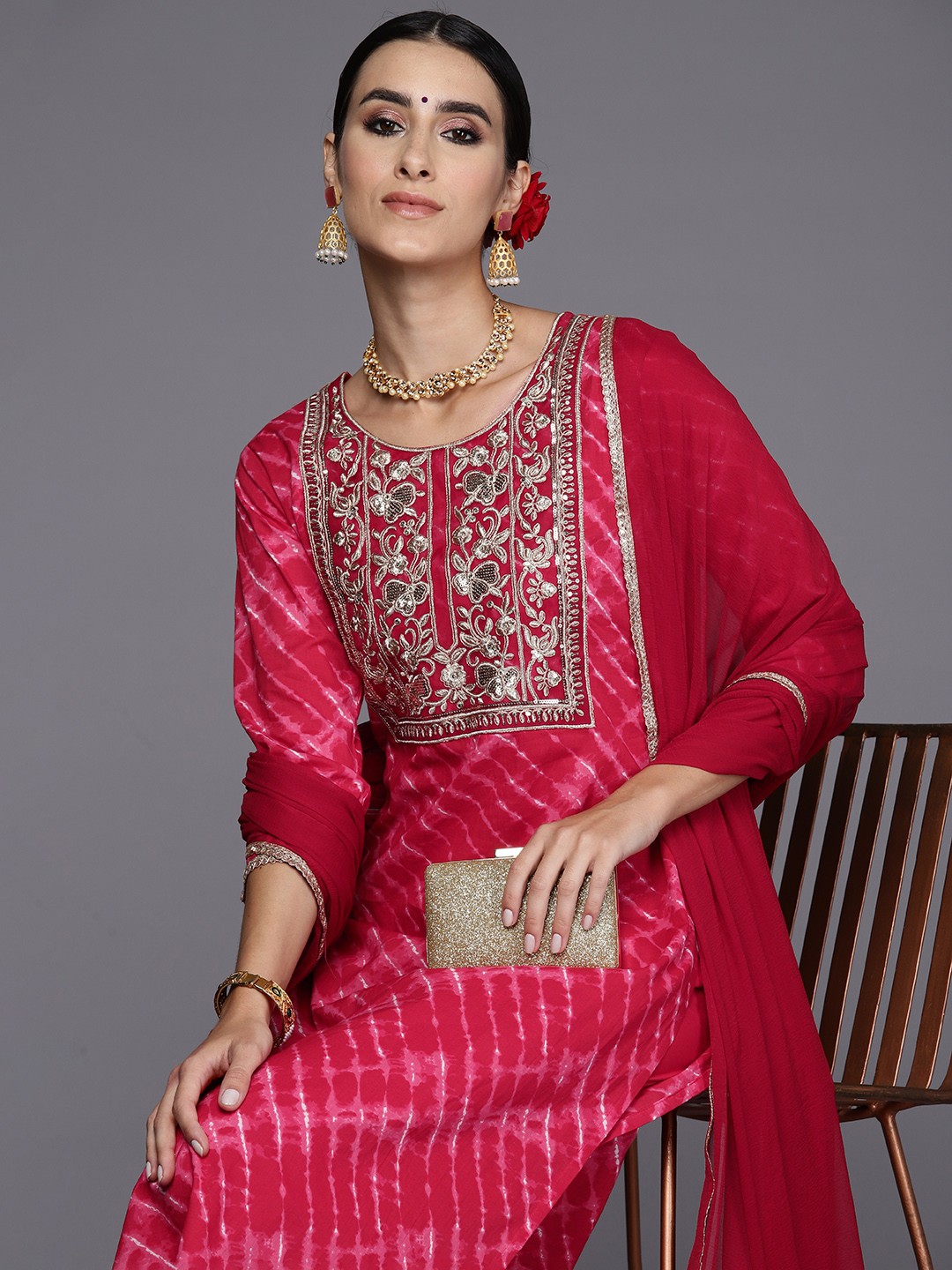 

Indo Era Women Floral Embroidered Regular Sequinned Kurta with Palazzos & Dupatta, Red