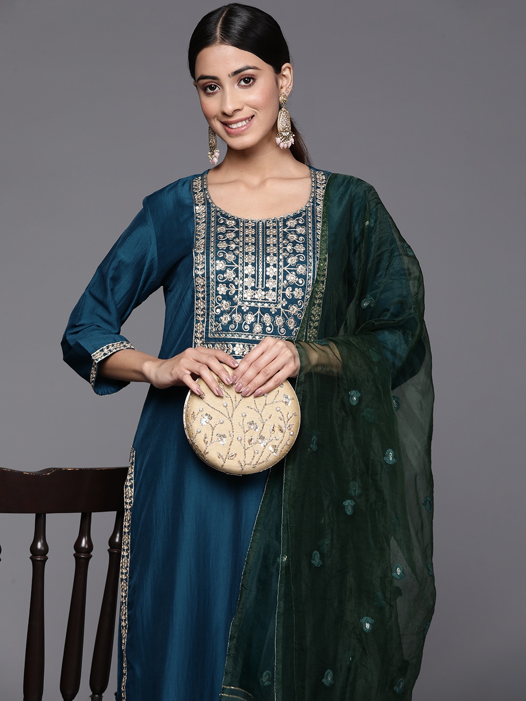 

Indo Era Women Teal Floral Yoke Design Sequinned Kurta with Palazzos & With Dupatta