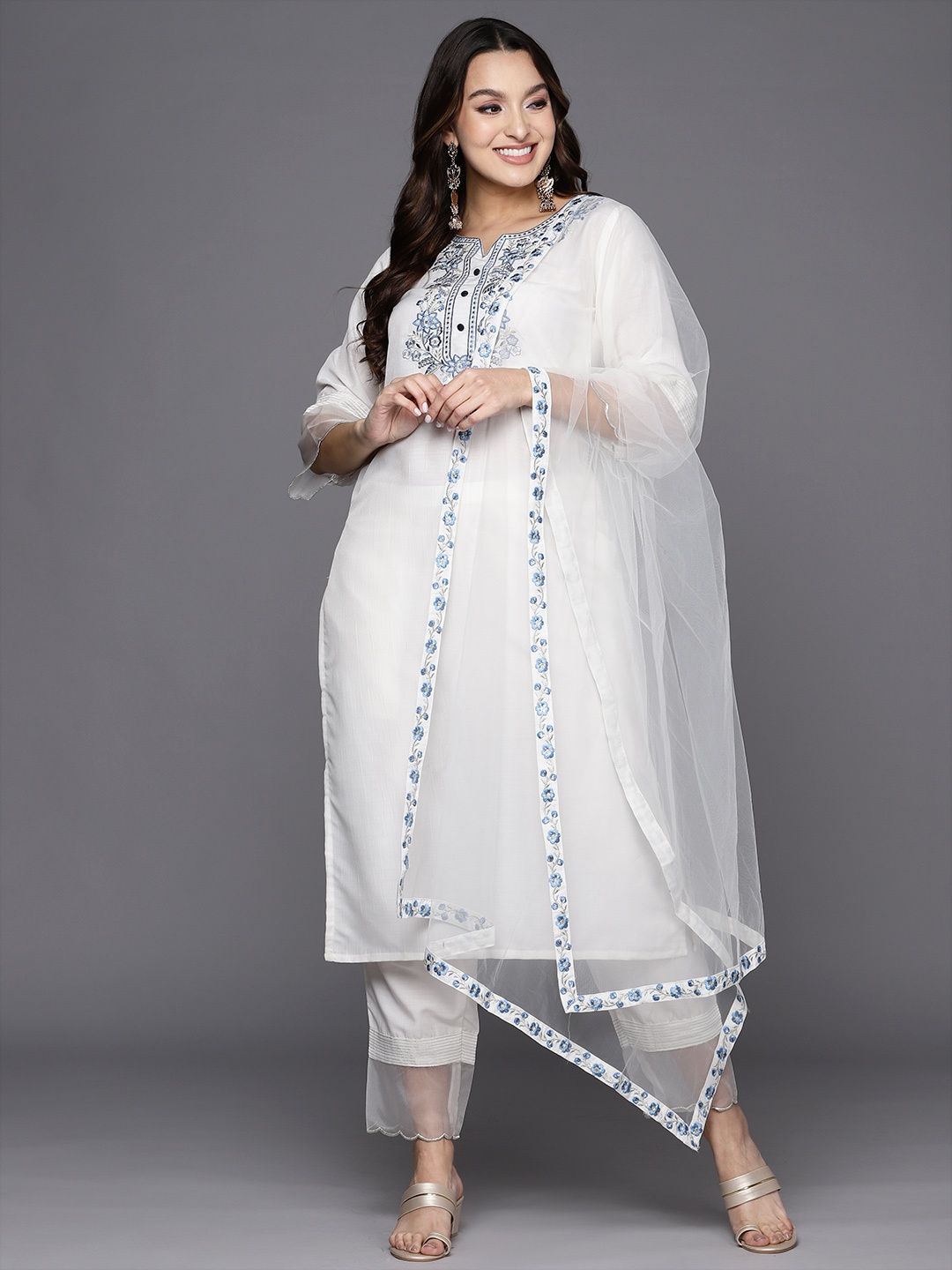 

Indo Era Women Embroidered Thread Work Kurta With Trousers & Dupatta, White