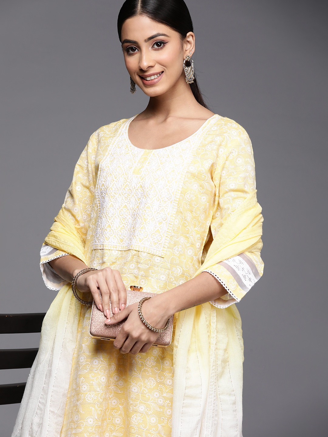 

Indo Era Women Yellow Embroidered Thread Work Kurta with Trousers & Dupatta