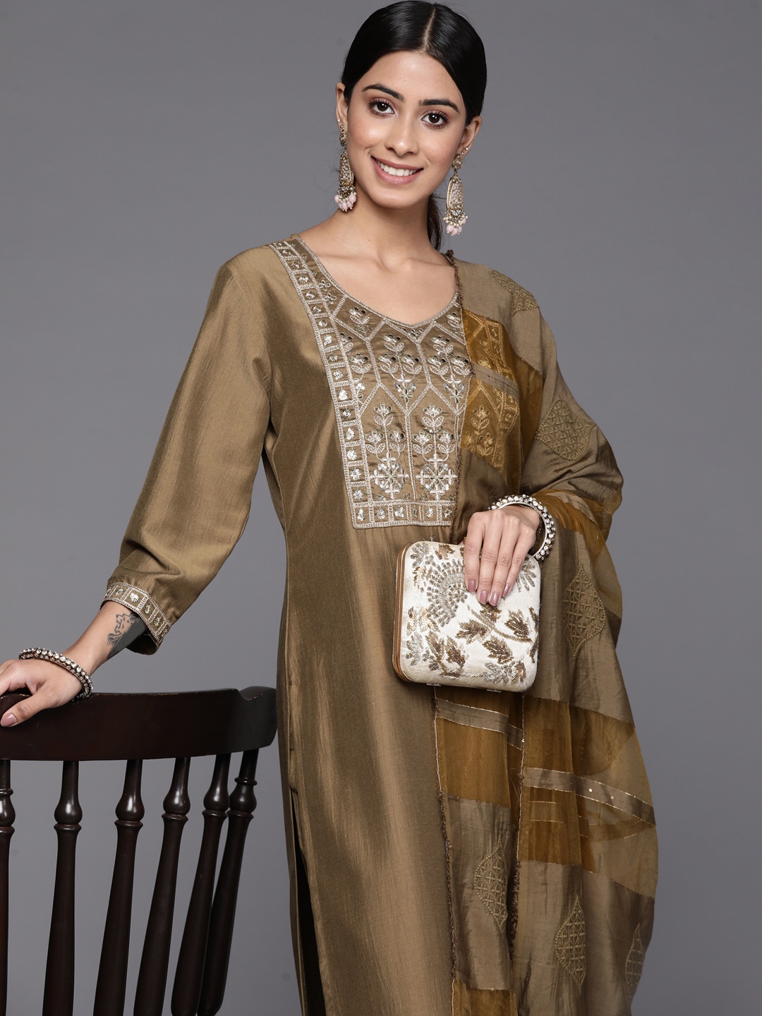 

Indo Era Women Green Floral Yoke Design Sequinned Kurta with Trousers & With Dupatta