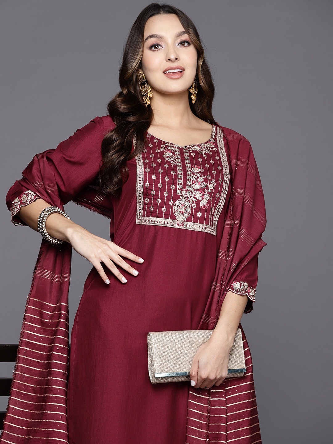 

Indo Era Women Floral Embroidered Sequinned Kurta With Palazzos & Dupatta, Maroon