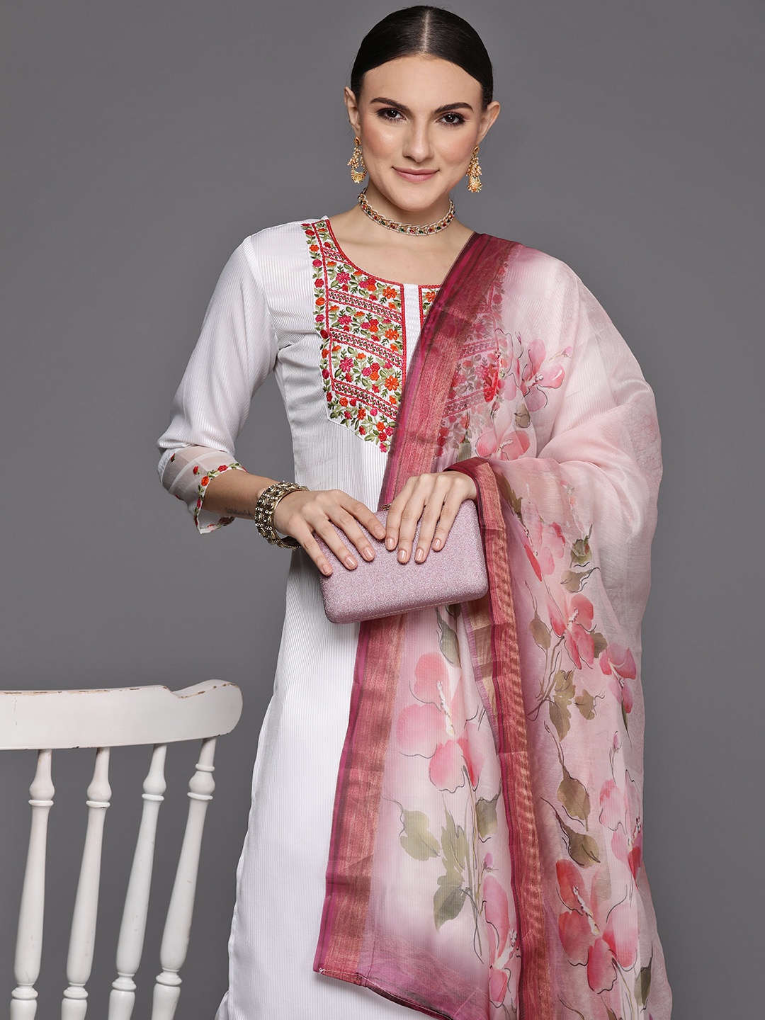 

Indo Era Women White Floral Embroidered Regular Thread Work Kurta with Trousers & With Dupatta