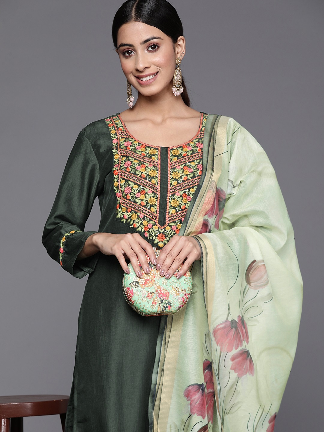 

Indo Era Women Green Floral Yoke Design Thread Work Kurta with Palazzos & With Dupatta