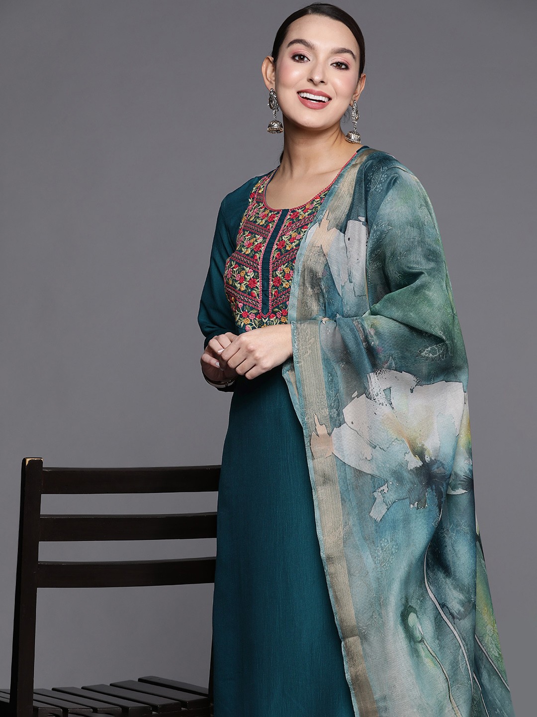 

Indo Era Women Floral Embroidered Thread Work Kurta with Palazzos & Dupatta, Teal