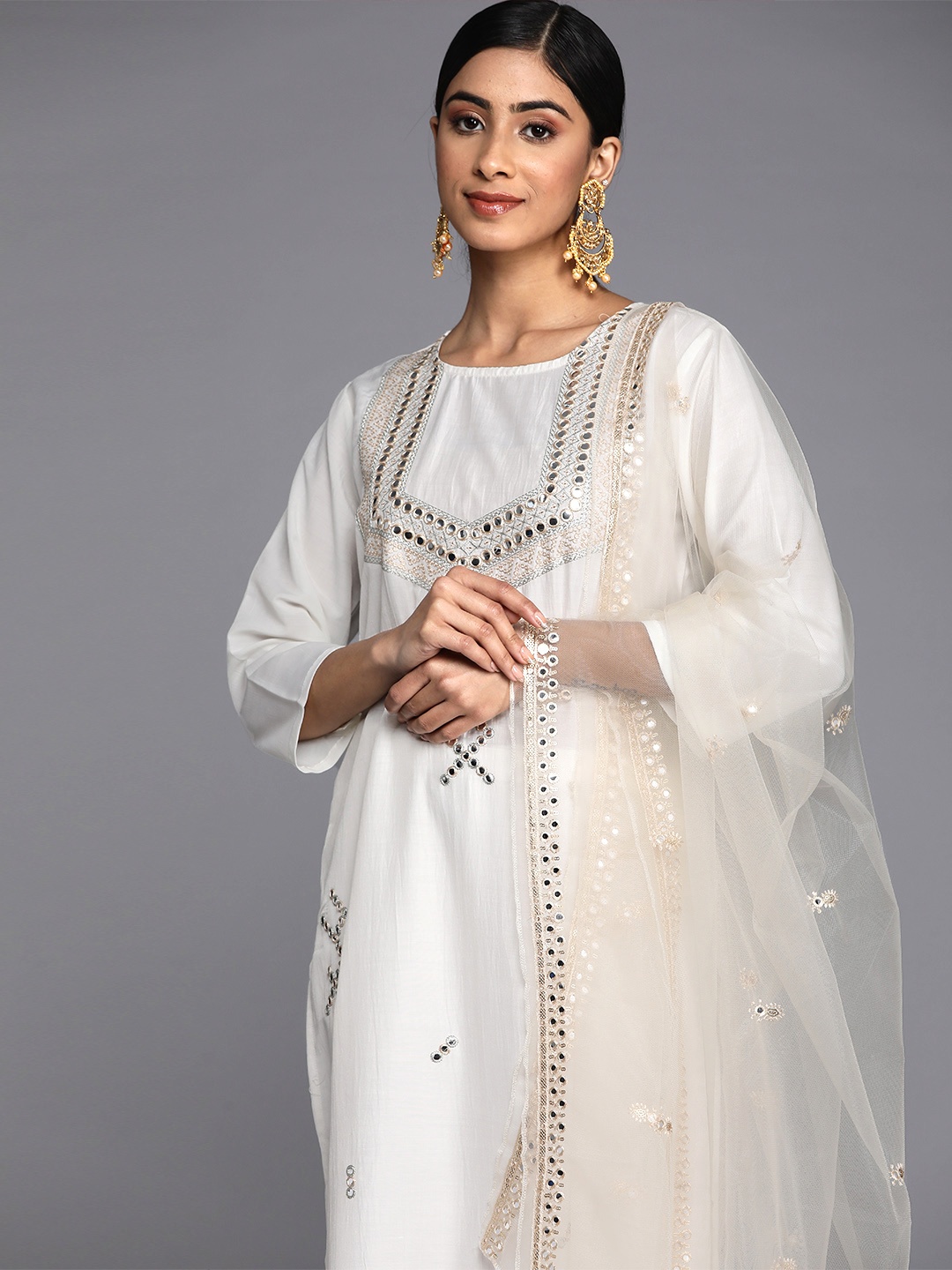 

Indo Era Embroidered Mirror Work Kurta with Trousers & With Dupatta, White