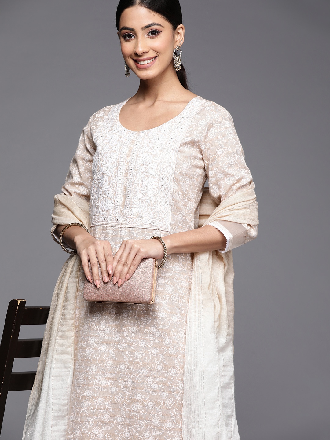 

Indo Era Women Beige Embroidered Thread Work Kurta with Palazzos & Dupatta