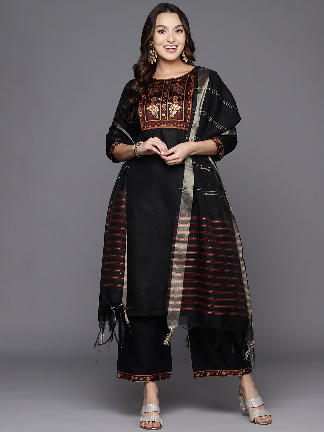 

Indo Era Women Yoke Design Thread Work Kurta With Palazzos & Dupatta, Black
