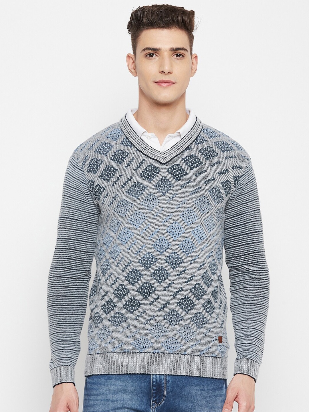 Duke Men Grey & Blue Printed Pullover