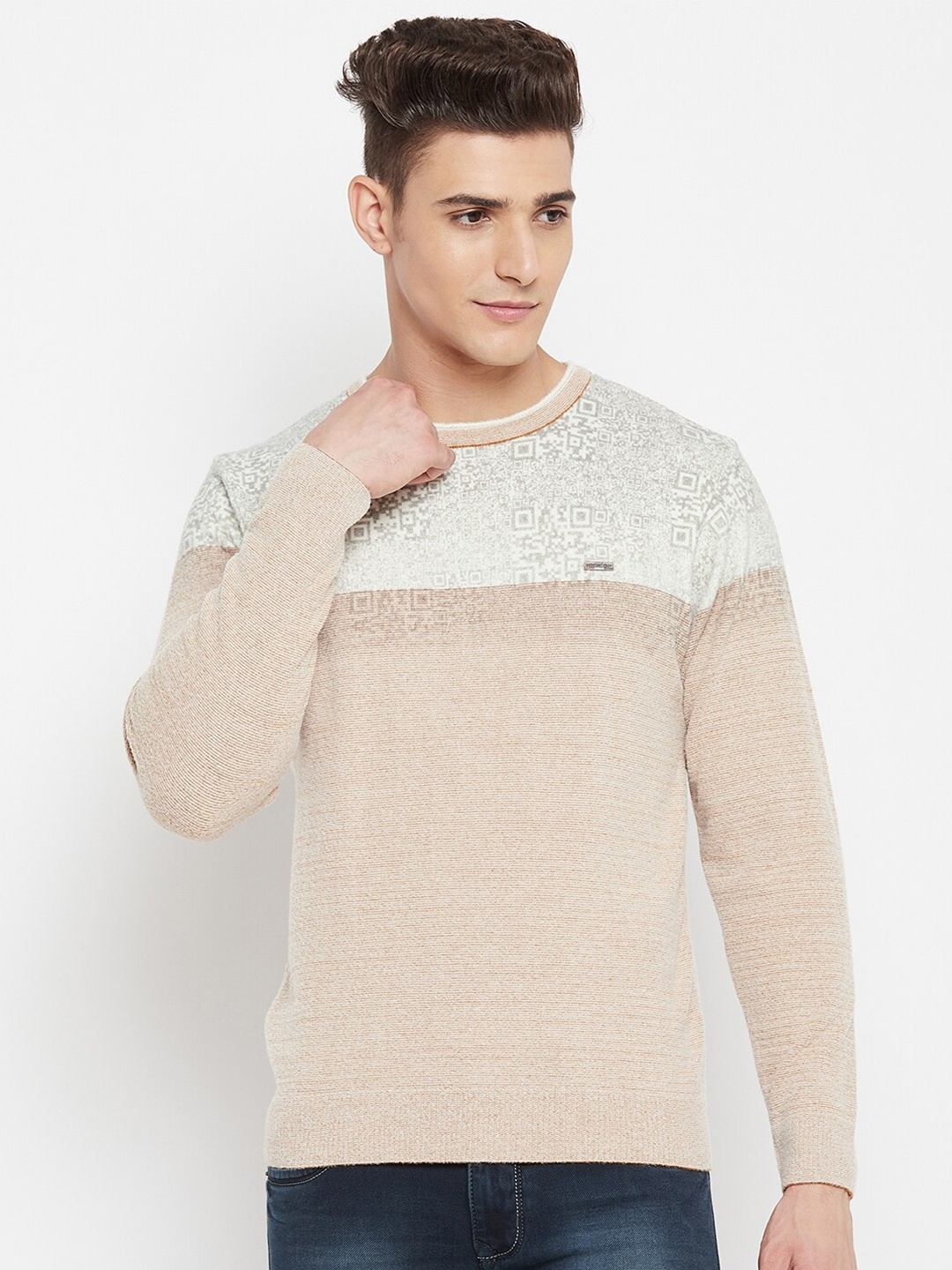 

Duke Men White & Rust Brown Printed Pullover