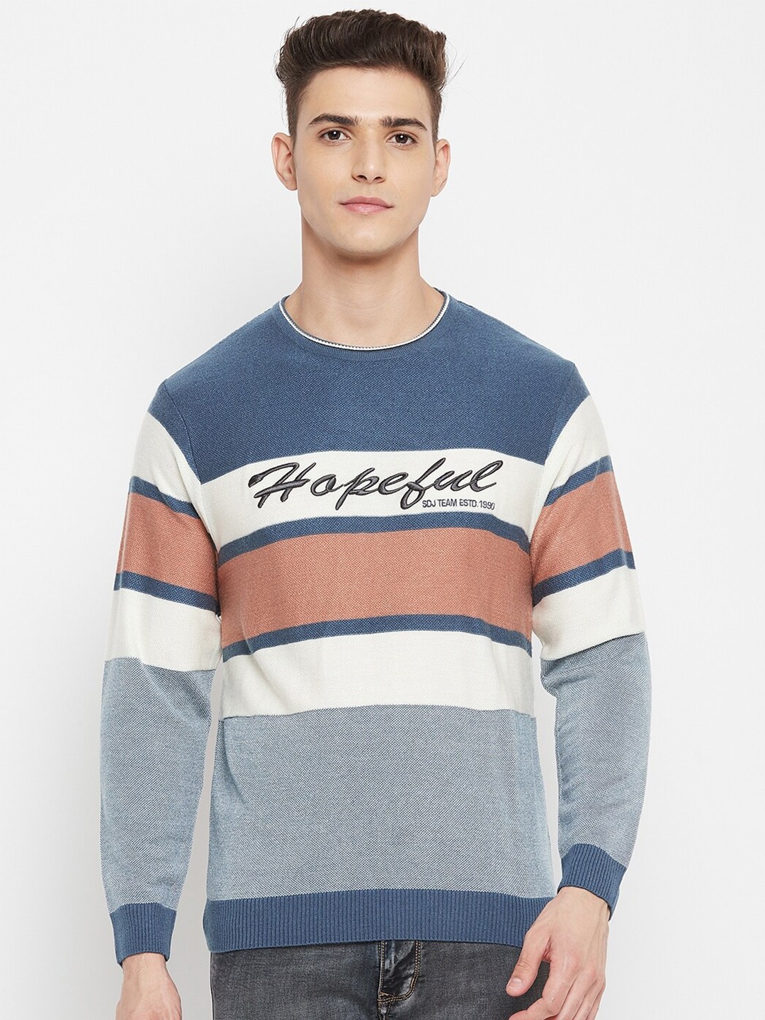 

Duke Men Blue & Off White Striped Pullover