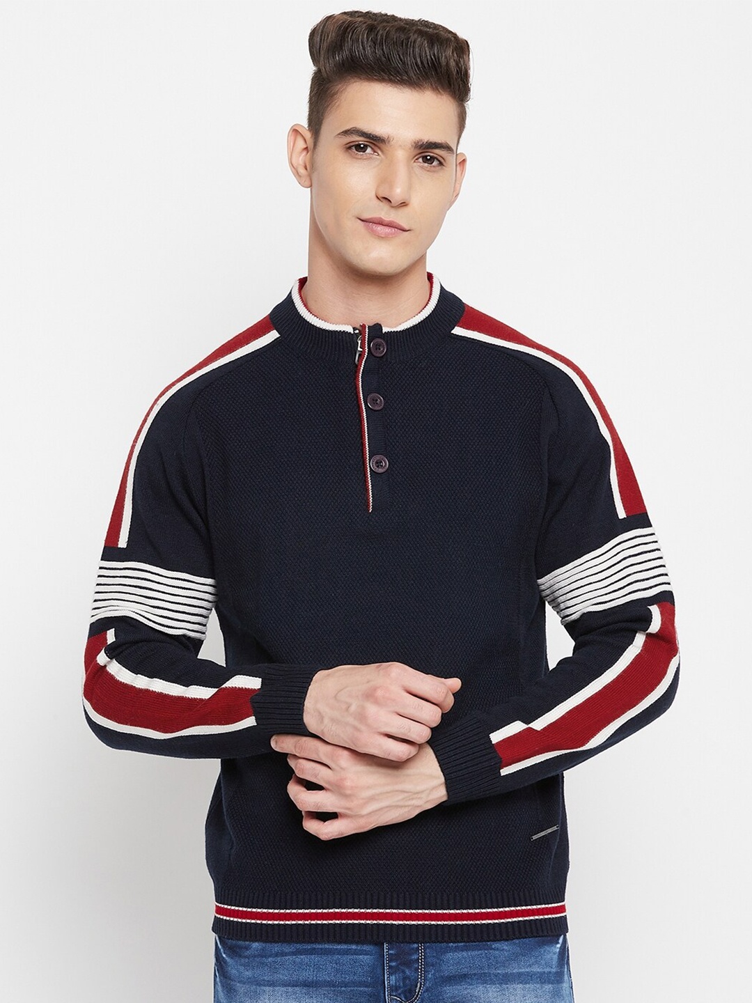 

Duke Men Navy Blue & Red Striped Pullover