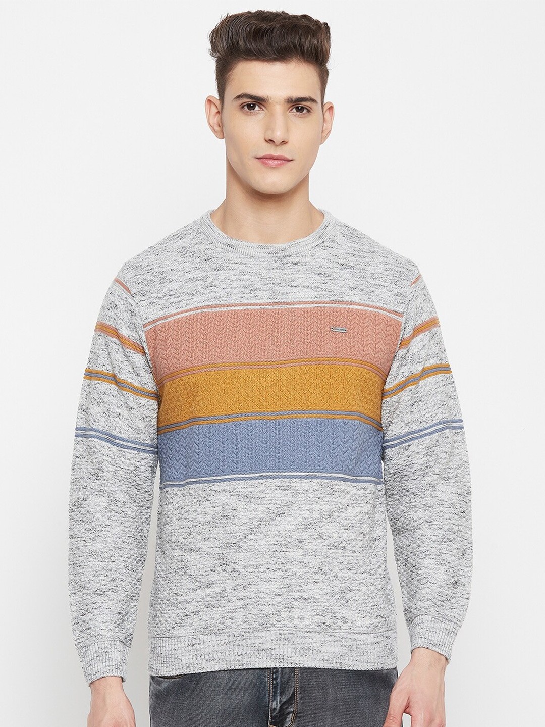 

Duke Men Grey & Orange Colourblocked Pullover