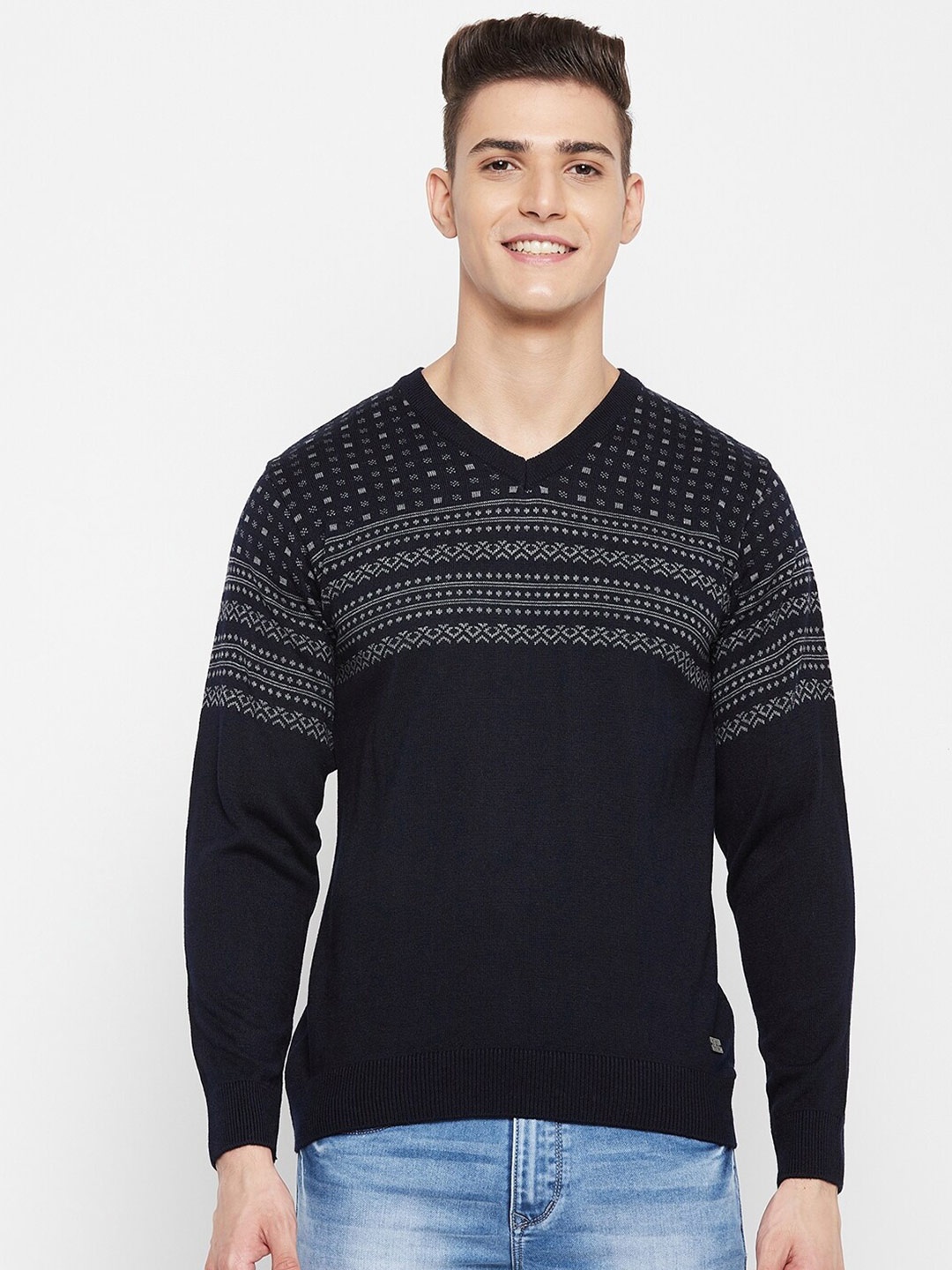 

Duke Men Blue & White Printed Pullover