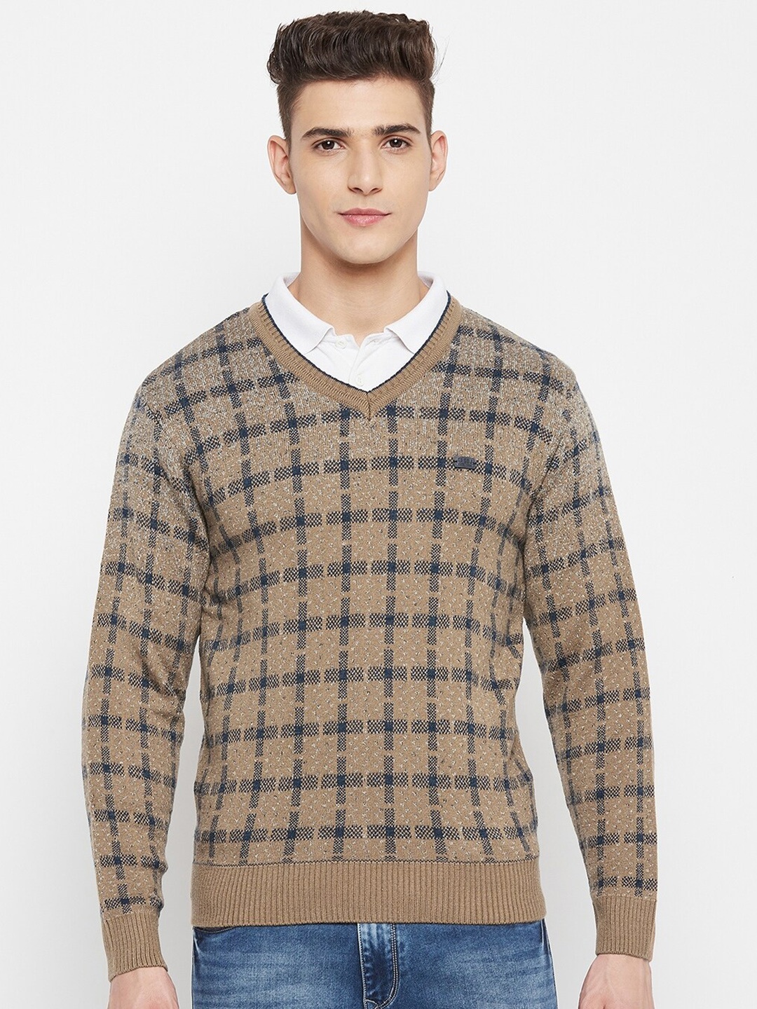 

Duke Men Khaki & Navy Blue Checked Pullover