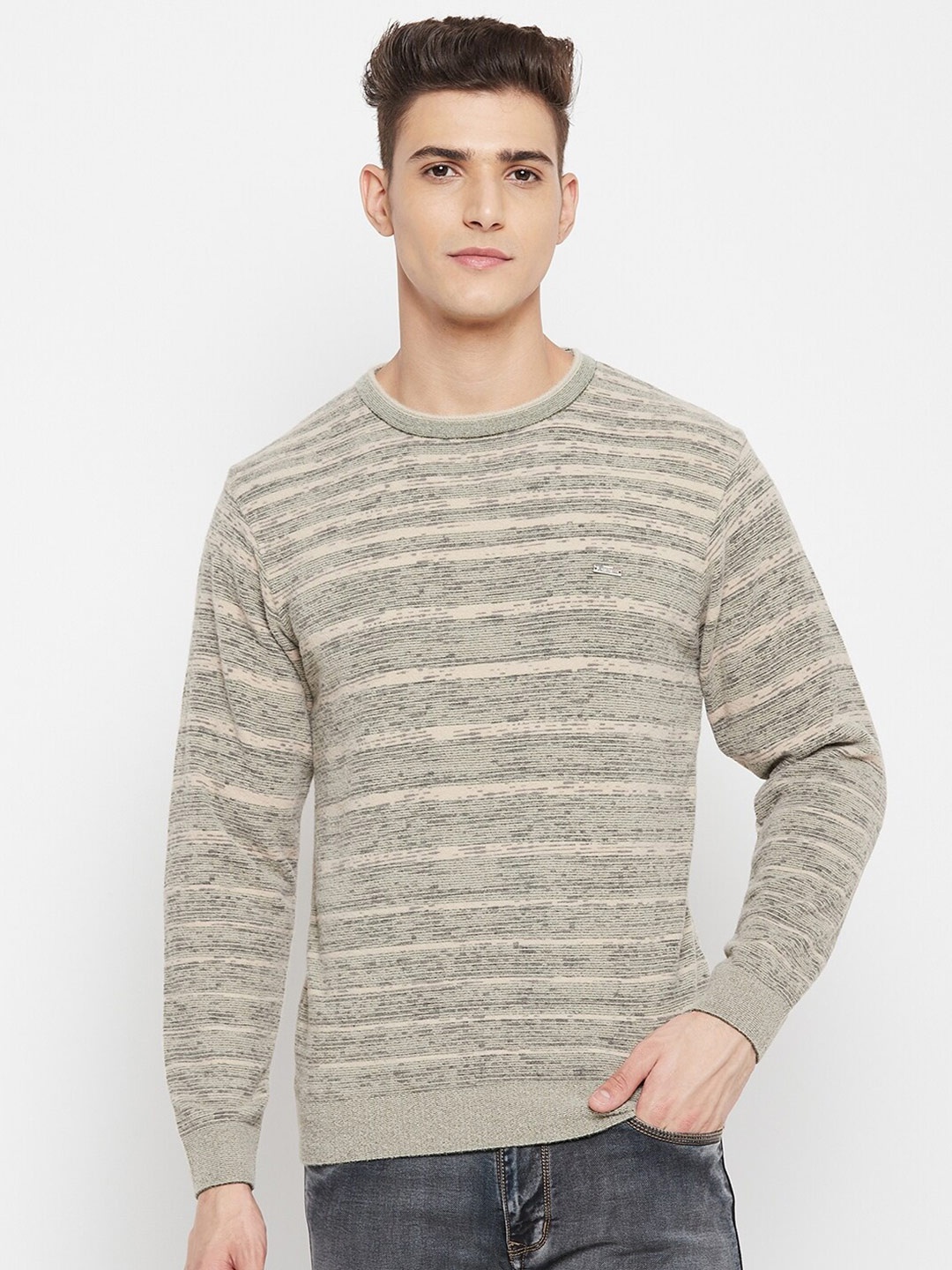 

Duke Men Green & Beige Striped Pullover