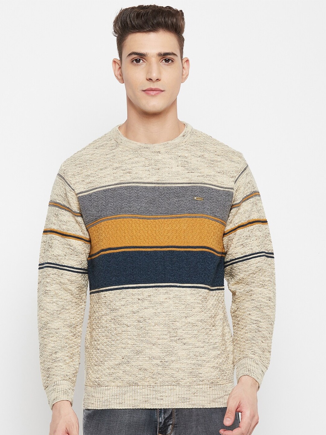 

Duke Men Beige & Yellow Colourblocked Pullover