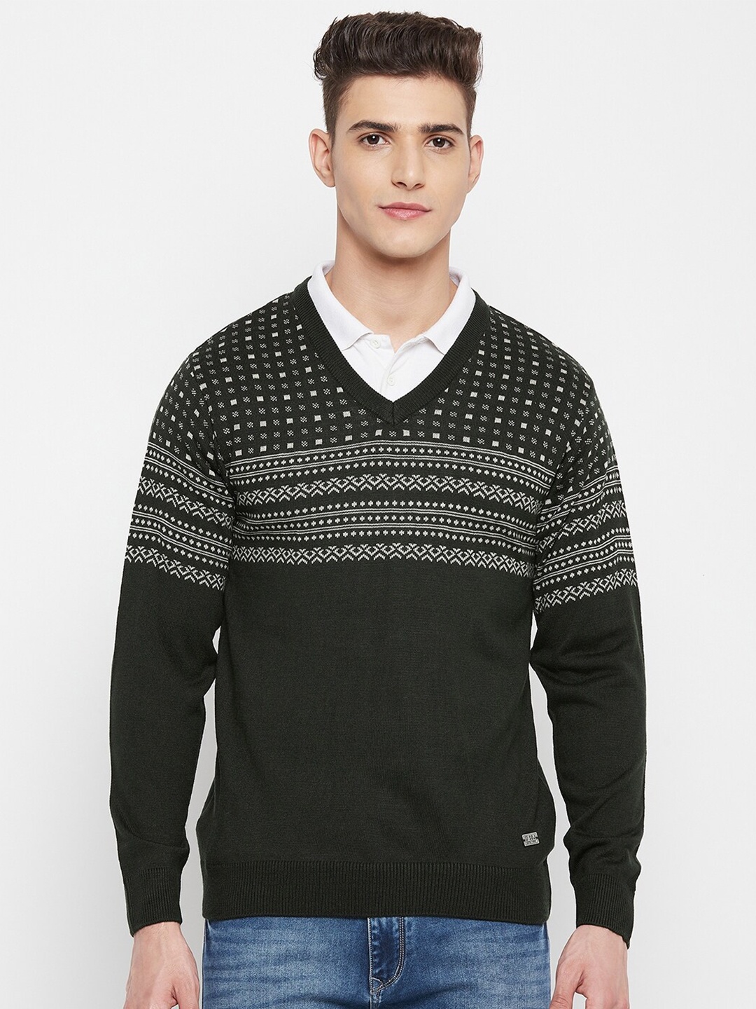 

Duke Men Green & Off White Printed Pullover
