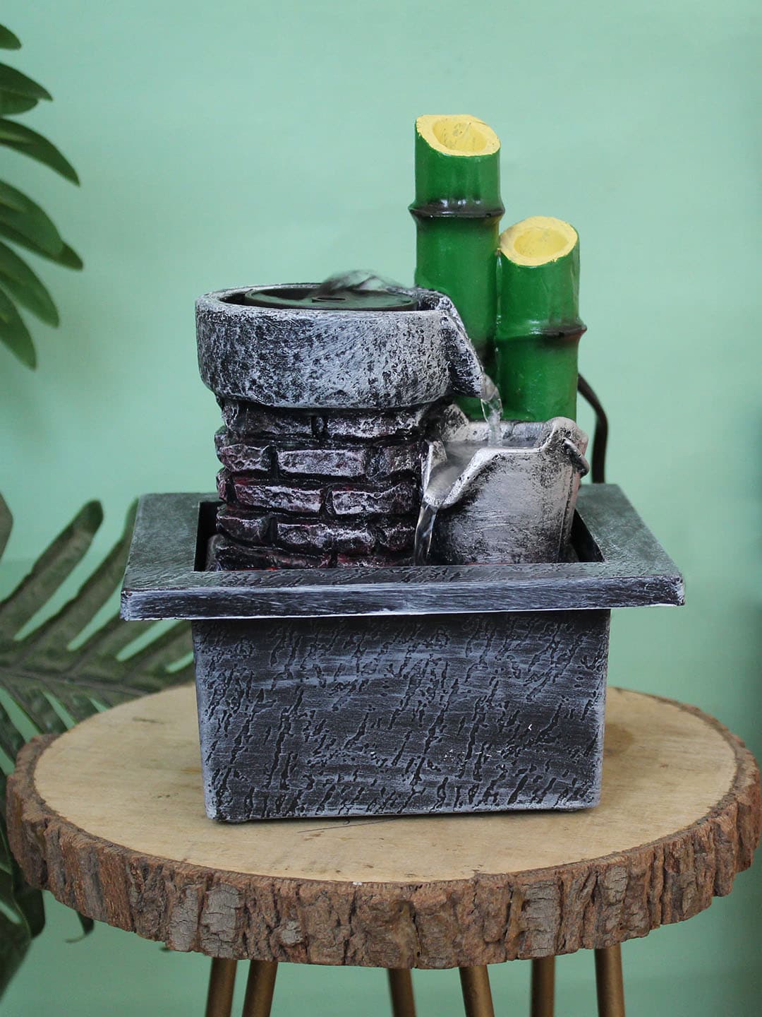 

TIED RIBBONS Grey & Green Decorative Table Top Bamboo Water Fountain