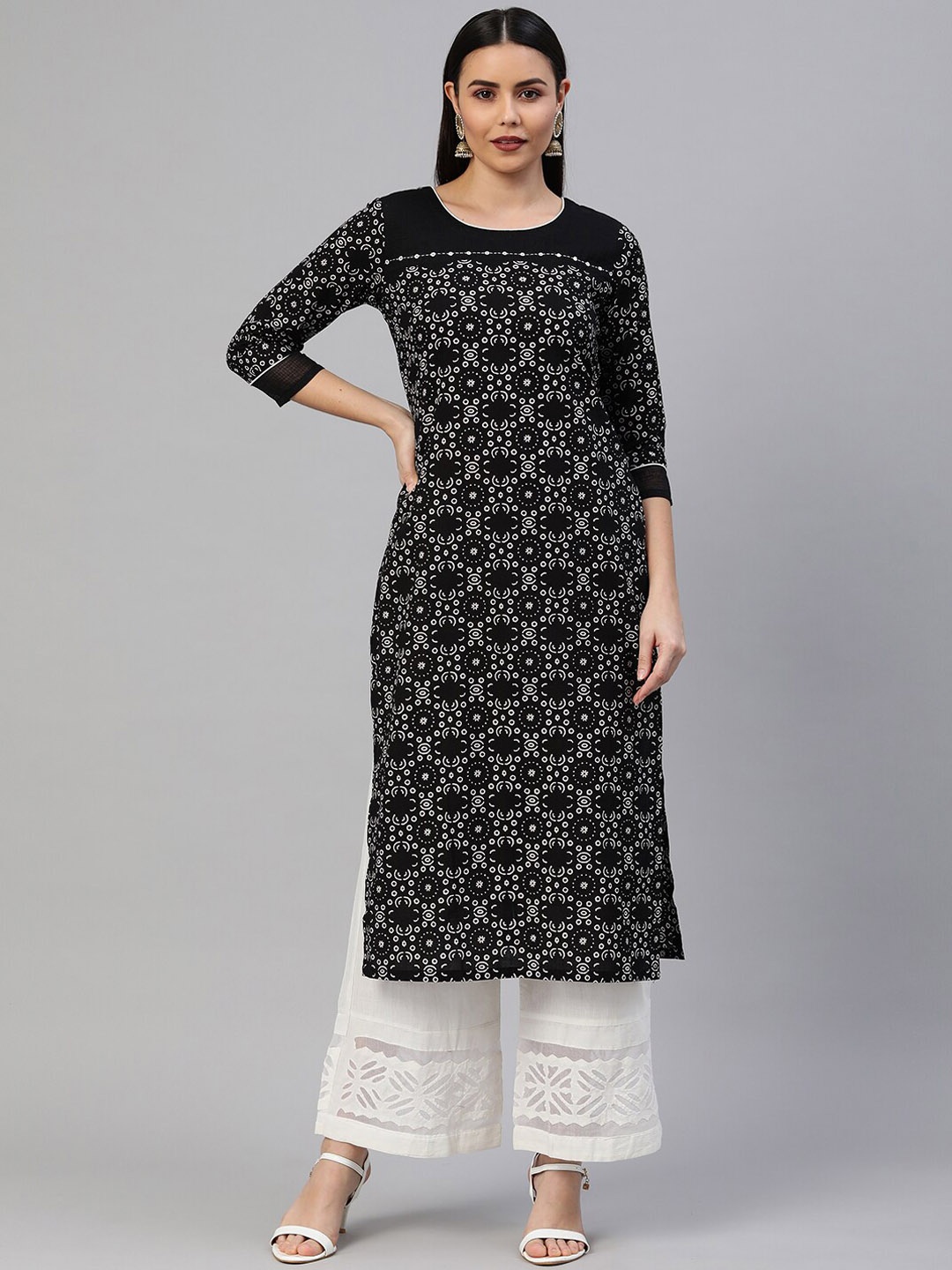 KAMI KUBI Women Black Geometric Printed Cotton Straight Kurta