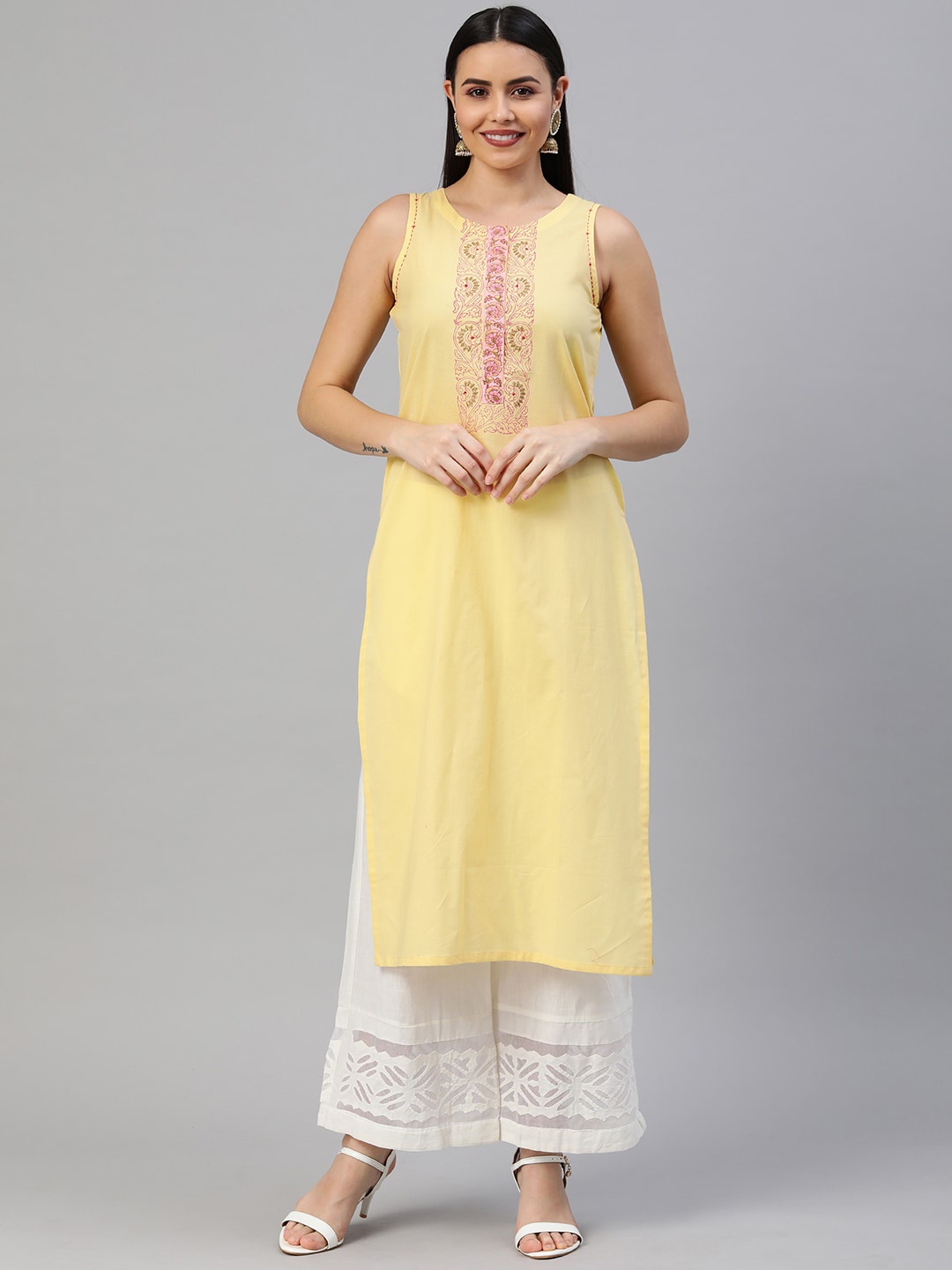 

KAMI KUBI Women Yellow Block Print Sleeveless Cotton Kurta