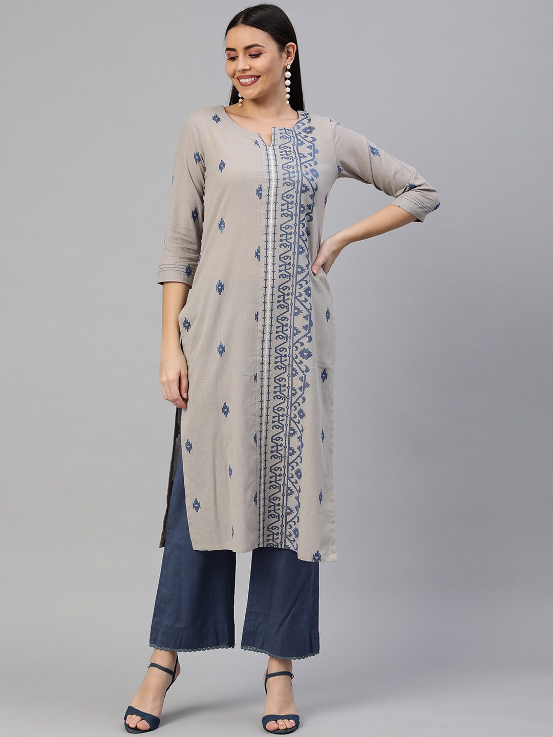 

KAMI KUBI Women Grey Woven Design Cotton Straight Kurta